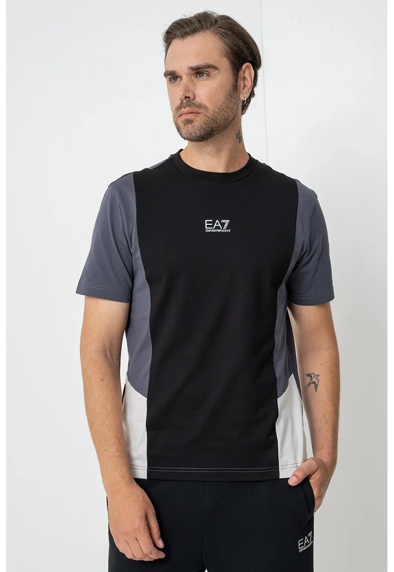Tricou cu design colorblock, pentru fitness, Negru/Gri carbune/Alb murdar