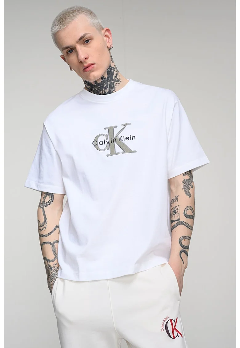 Tricou de bumbac cu logo brodat, Alb optic
