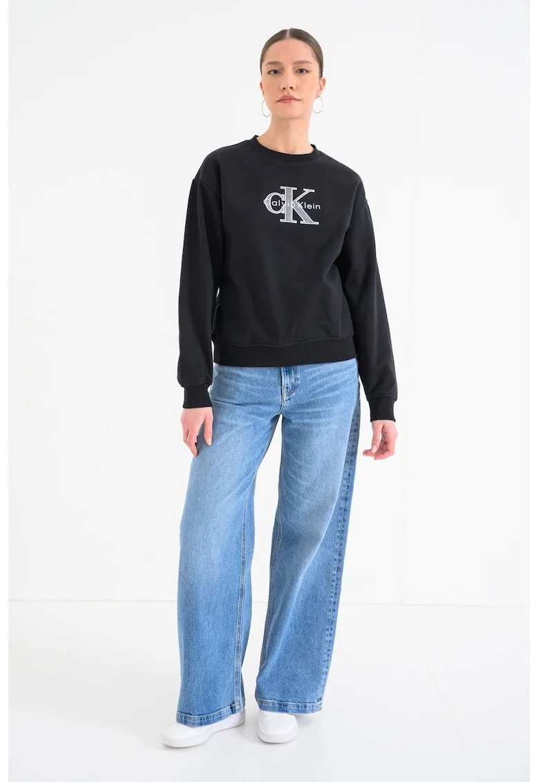 Bluza de trening cu imprimeu logo si maneci cazute, Negru