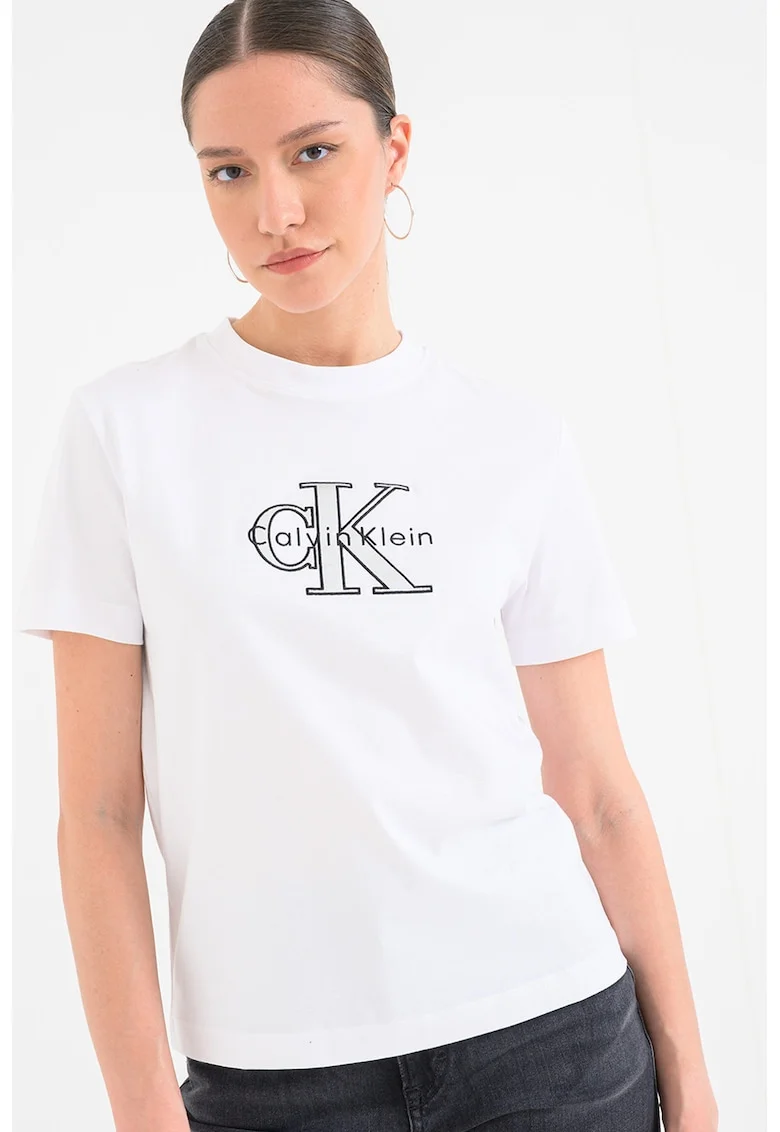 Tricou cu decolteu la baza gatului si imprimeu, Alb optic