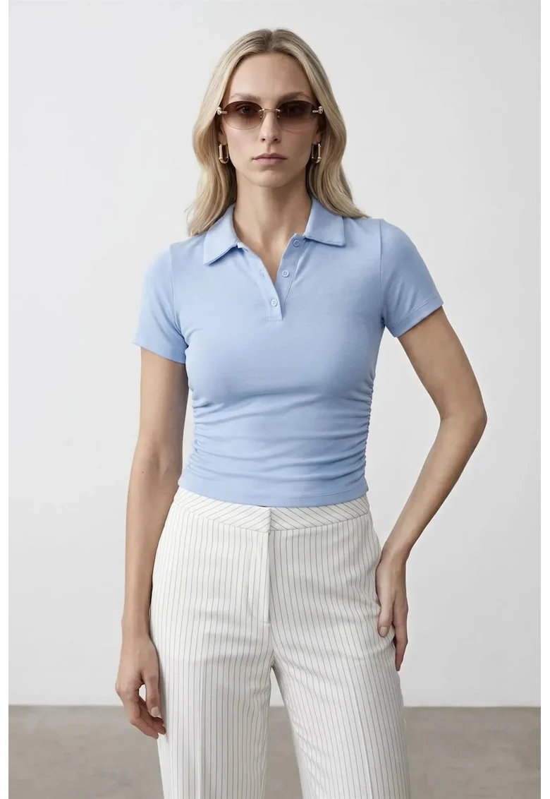 Tricou dama,  Tricou Polo Crop Slim Fit, Albastru Deschis, Maneca scurta, 48% bumbac, 47% viscoza, 5% elastan