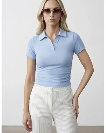 Tricou dama,  Tricou Polo Crop Slim Fit, Albastru Deschis, Maneca scurta, 48% bumbac, 47% viscoza, 5% elastan