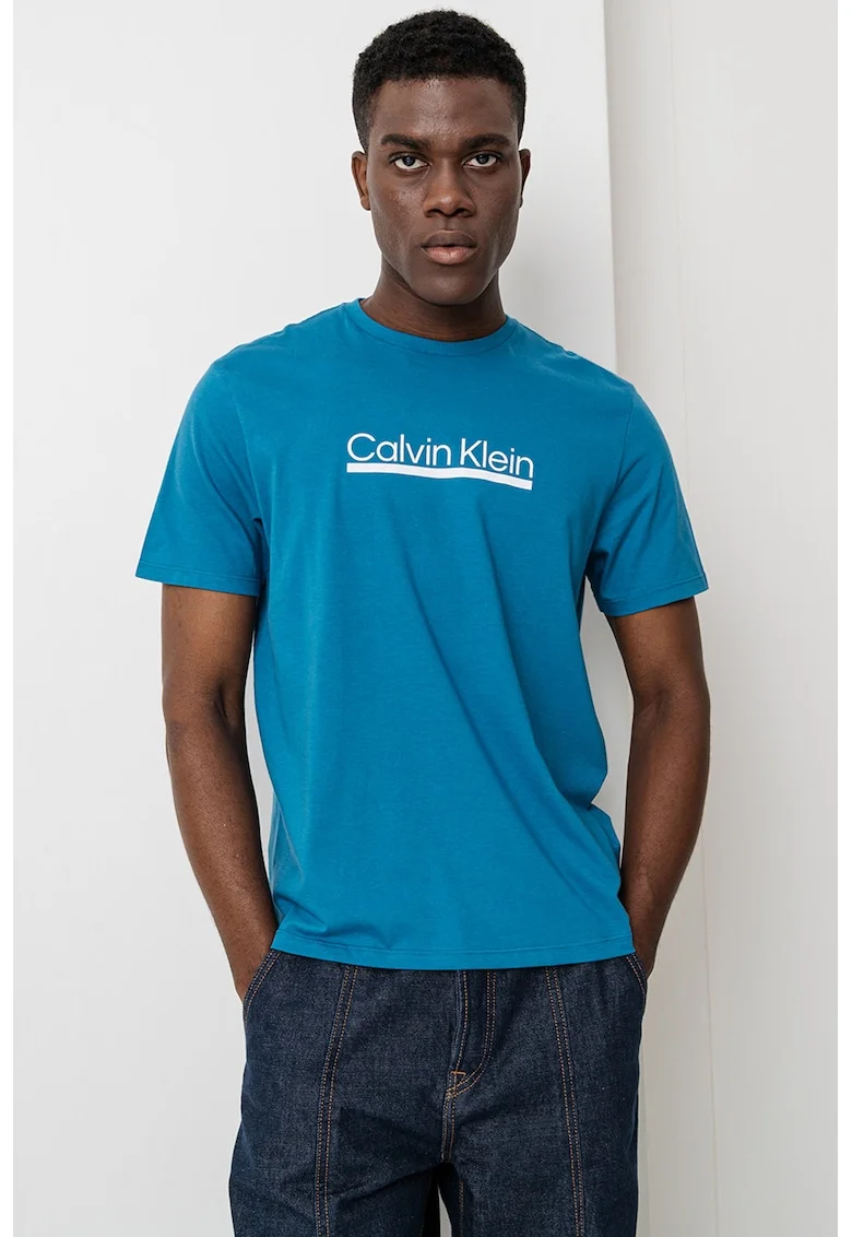 Tricou cu decolteu la baza gatului si imprimeu logo, Alb optic/Albastru petrol