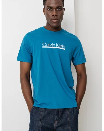 Tricou cu decolteu la baza gatului si imprimeu logo, Alb optic/Albastru petrol