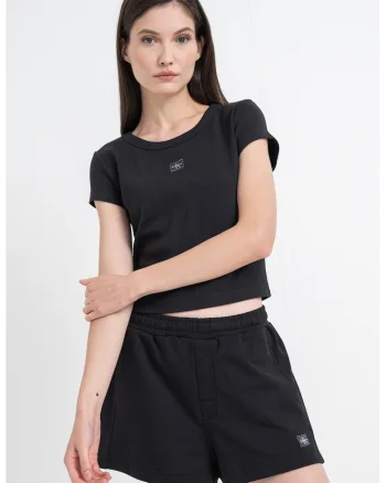 Tricou crop cu croiala slim fit, Negru