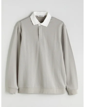 Bluza cu guler polo contrastant, Alb murdar/Grej