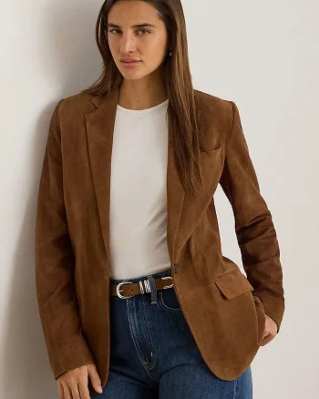 Lauren Ralph Lauren sacou cu un singur rând de nasturi pentru femei din piele întoarsă