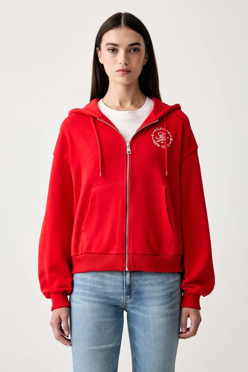 Tommy Hilfiger hanorac cu fermoar și glugă pentru femei din bumbac