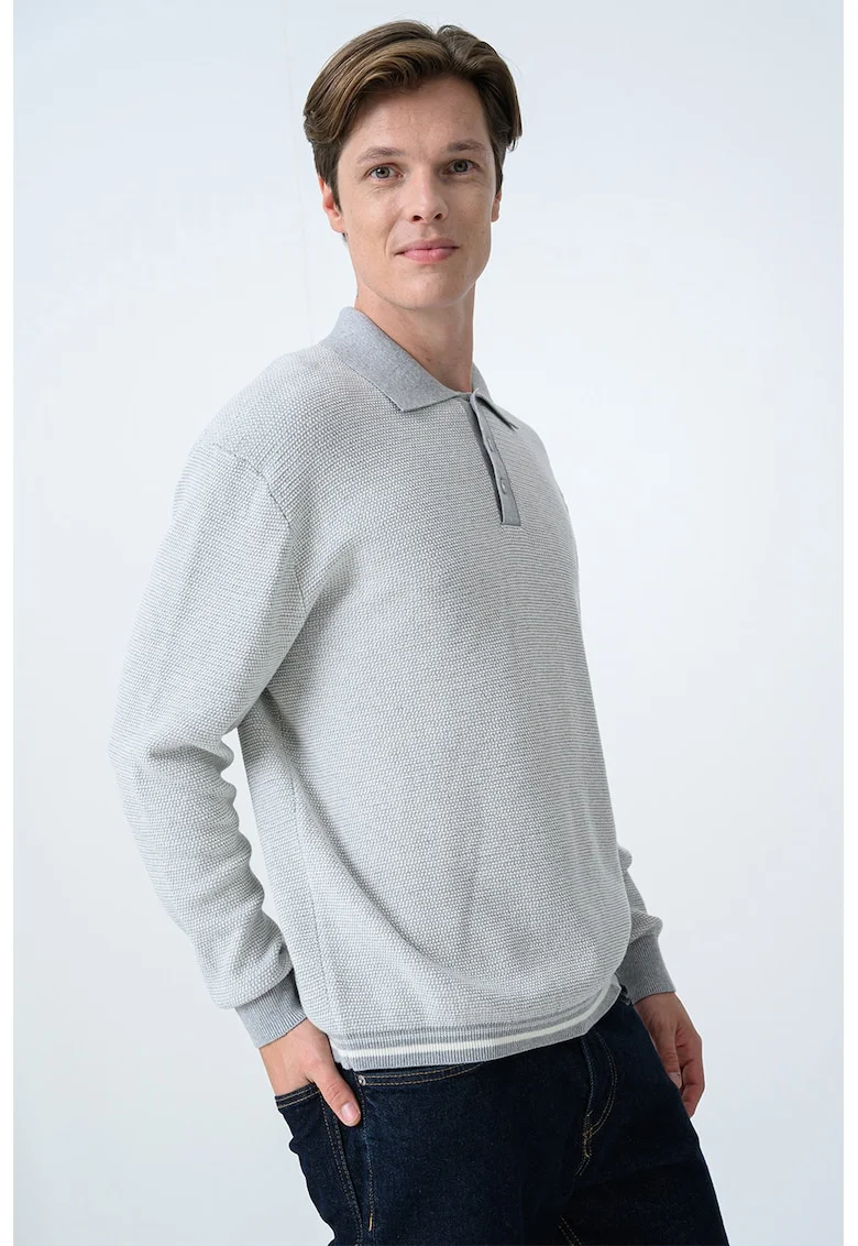 Bluza polo tricotata cu mansete elastice, Gri deschis melange
