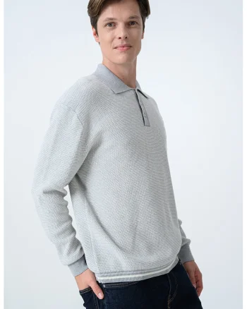 Bluza polo tricotata cu mansete elastice, Gri deschis melange