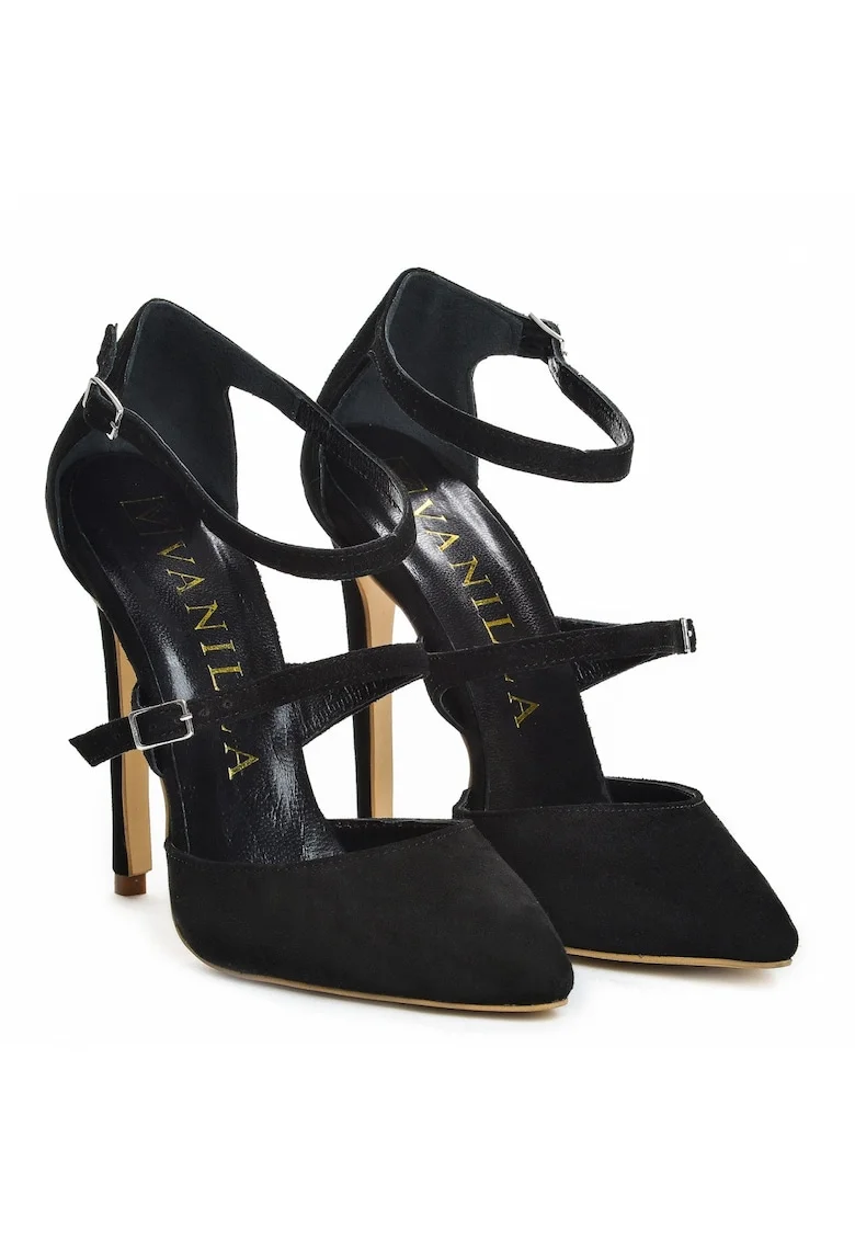 Pantofi Stiletto cu toc subtire Dora, piele naturala intoarsa, negri