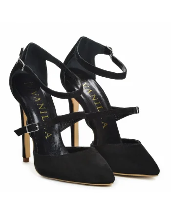 Pantofi Stiletto cu toc subtire Dora, piele naturala intoarsa, negri