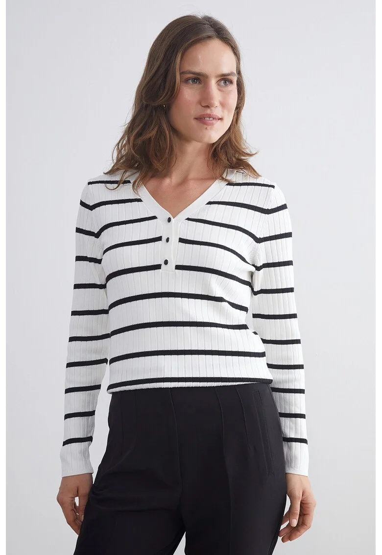 Pulover tricotat fin cu dungi, Alb/Negru