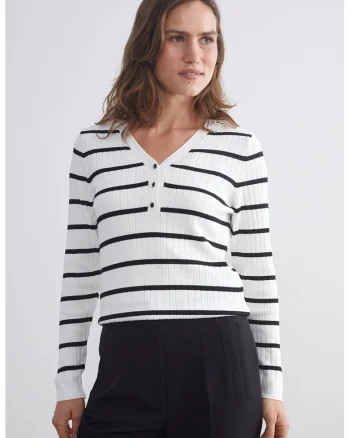 Pulover tricotat fin cu dungi, Alb/Negru