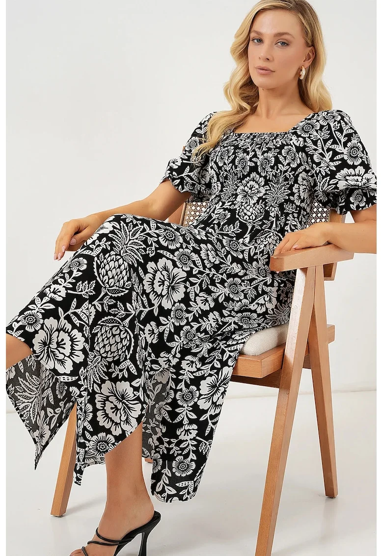 Rochie midi, HiCCUP, imprimeu floral, guler patrat, crapatura, negru, viscoza