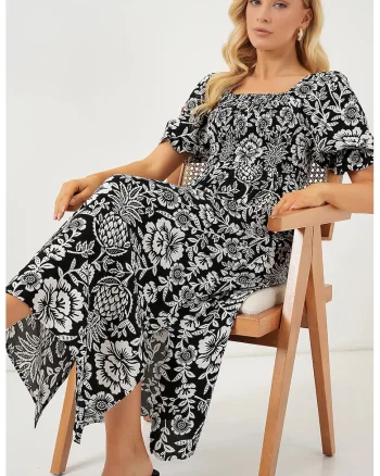 Rochie midi, HiCCUP, imprimeu floral, guler patrat, crapatura, negru, viscoza