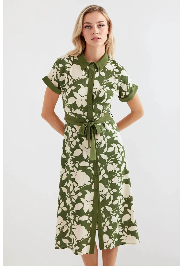 Rochie midi dama HiCCUP, imprimeu floral, viscoza, verde/crem