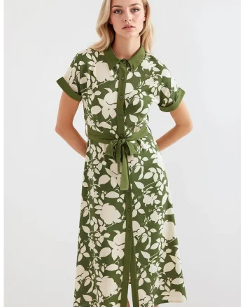Rochie midi dama HiCCUP, imprimeu floral, viscoza, verde/crem