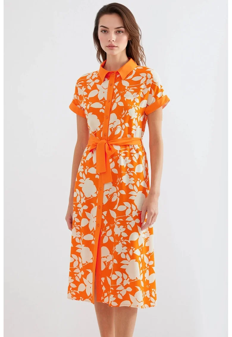 Rochie midi dama HiCCUP, imprimeu floral, viscoza, portocaliu/crem