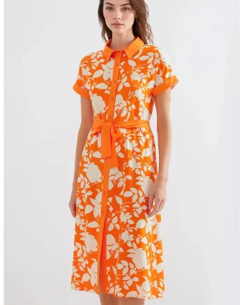 Rochie midi dama HiCCUP, imprimeu floral, viscoza, portocaliu/crem