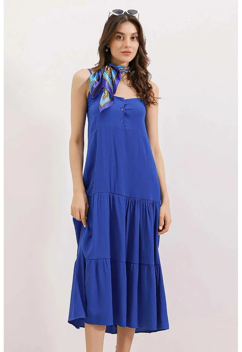 Rochie midi dama, HiCCUP, lejera, decolteu patrat, poliester, albastru