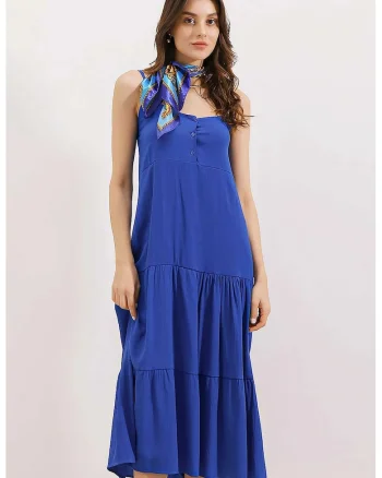 Rochie midi dama, HiCCUP, lejera, decolteu patrat, poliester, albastru