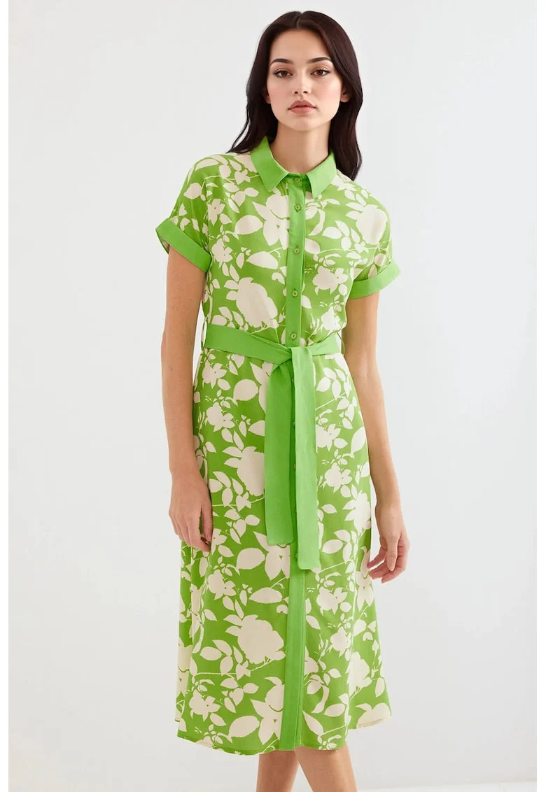 Rochie midi dama, HiCCUP, imprimeu floral, viscoza, verde/crem