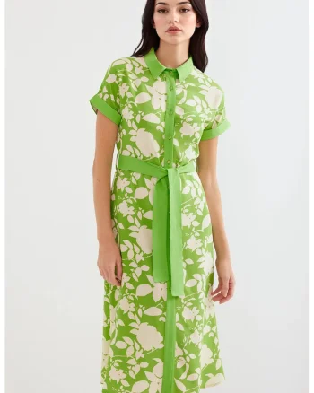 Rochie midi dama, HiCCUP, imprimeu floral, viscoza, verde/crem