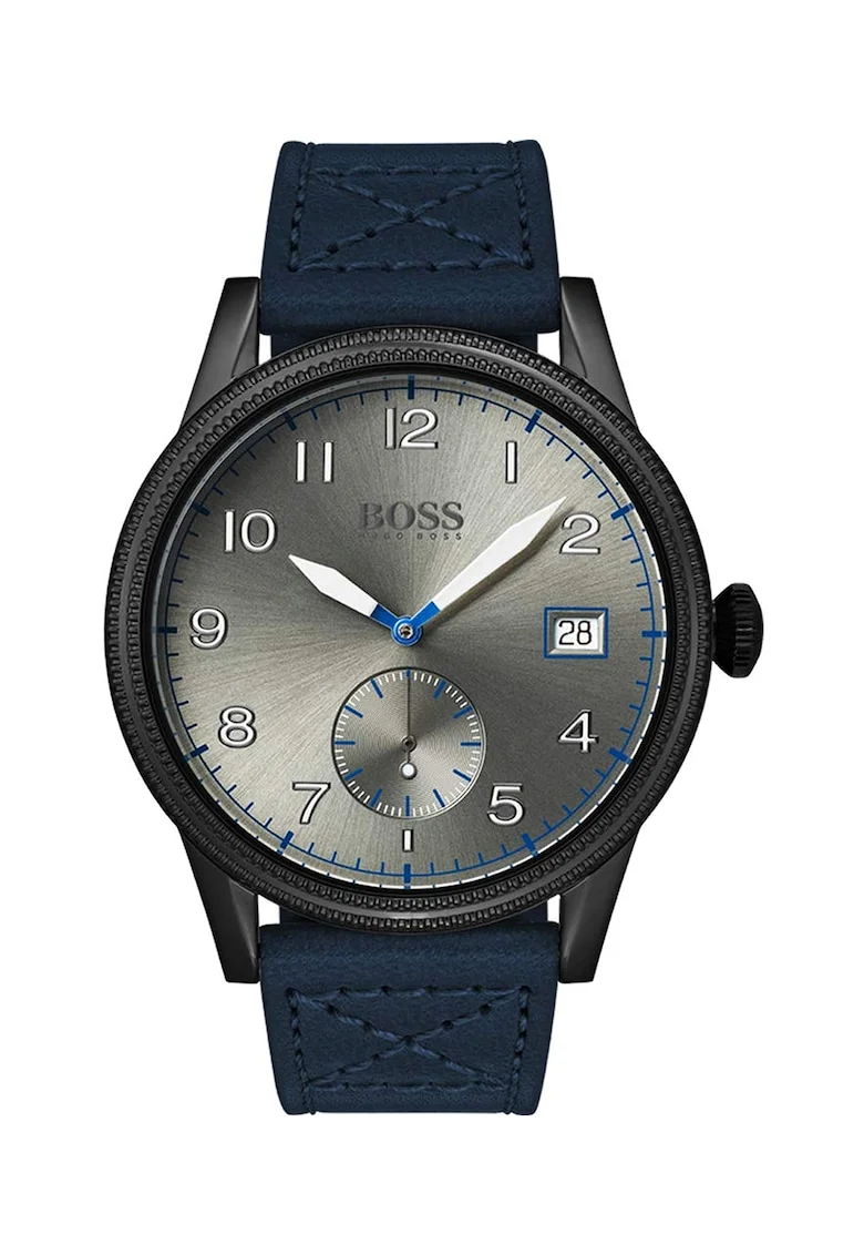BOSS, Ceas quartz cu o curea de piele, Bleumarin/Negru/Argintiu