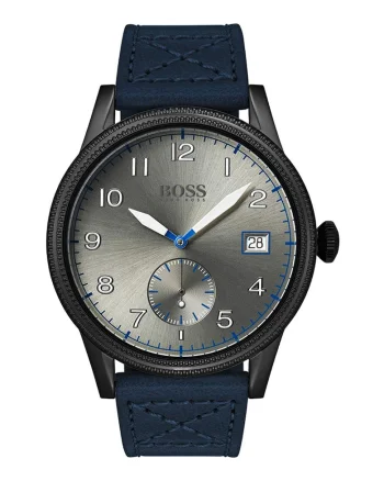 BOSS, Ceas quartz cu o curea de piele, Bleumarin/Negru/Argintiu