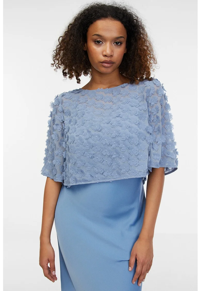 Bluza crop cu aplicatii florale, Albastru pastel