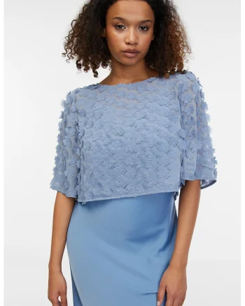 Bluza crop cu aplicatii florale, Albastru pastel