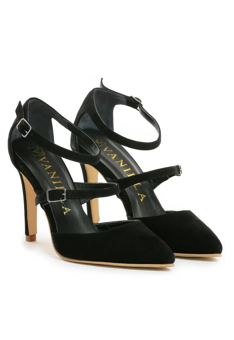 Pantofi Stiletto cu toc subtire Dora, piele naturala intoarsa,negri, Negru