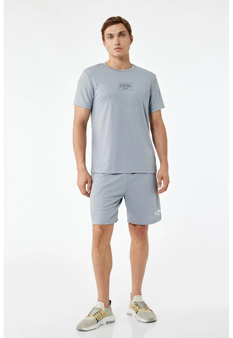 Tricou cu decolteu la baza gatului si imprimeu text, Gri cenusiu