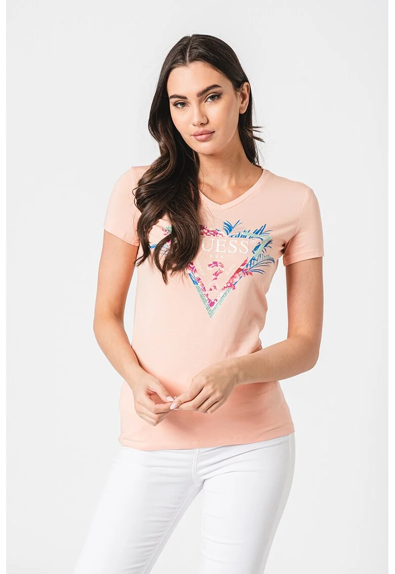 Tricou cu imprimeu cu strasuri, Alb/Piersica/Albastru royal