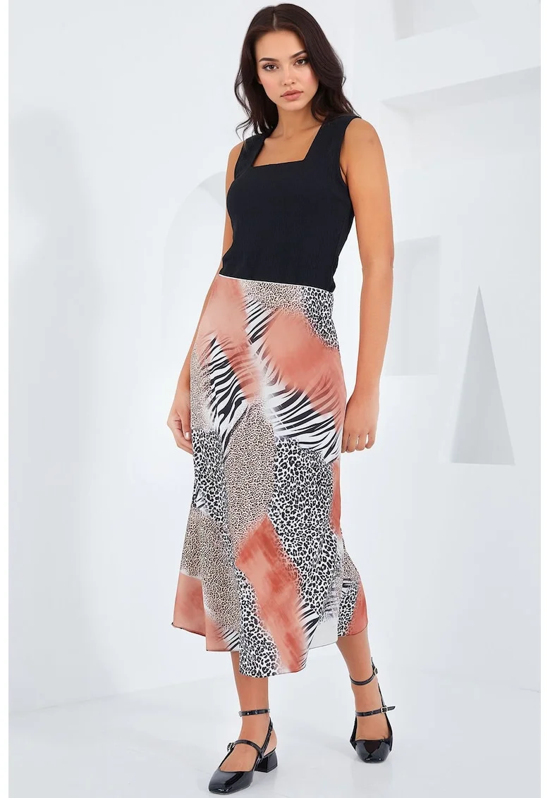 Fusta midi HiCCUP, croiala A, satin, Portocaliu pal