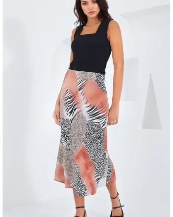 Fusta midi HiCCUP, croiala A, satin, Portocaliu pal