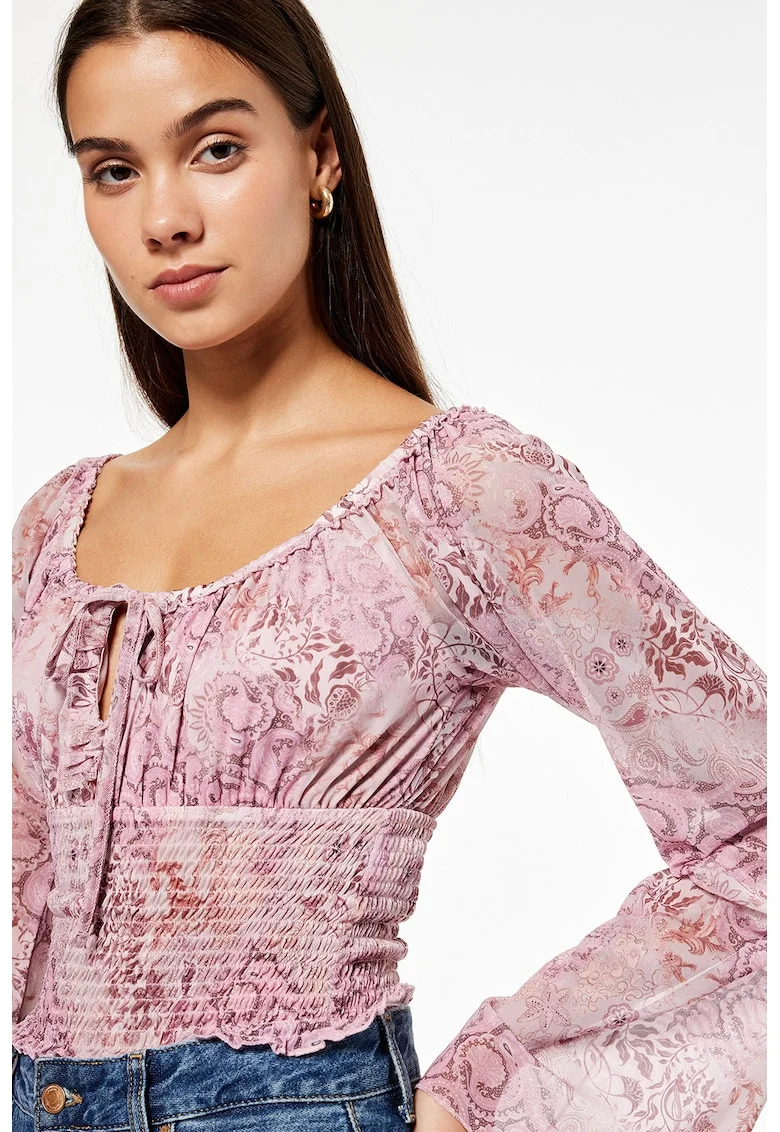 Bluza cu maneci lungi si model paisley, Roz prafuit