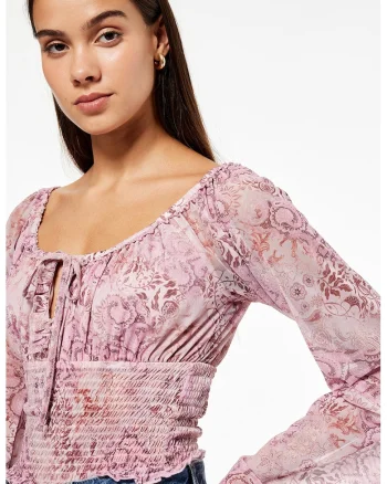 Bluza cu maneci lungi si model paisley, Roz prafuit