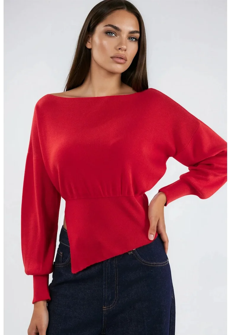 Pulover tricotat  tricot, guler barcuta, grosime medie, rosu, fara inchidere, maneca lunga