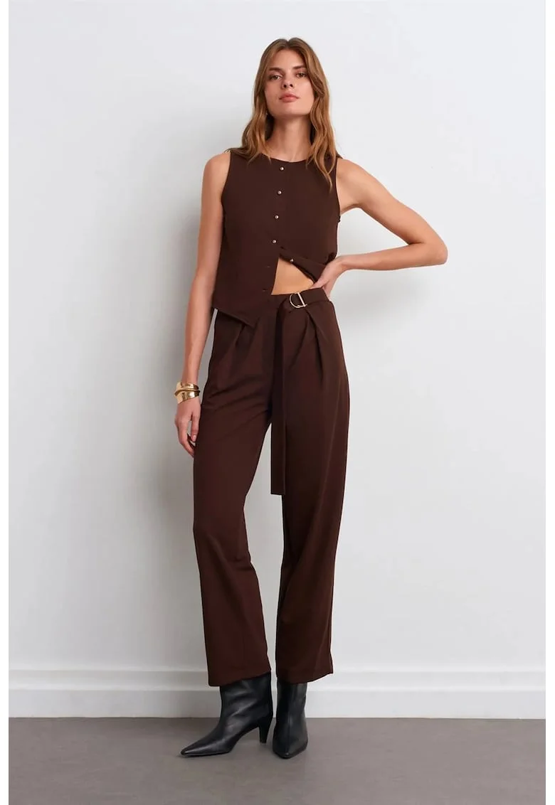 Pantaloni dama,  cu talie inalta, picior larg, maro cafea, poliester