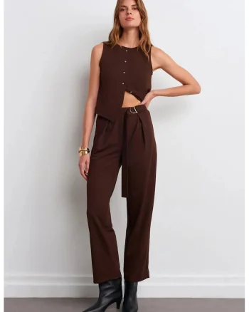 Pantaloni dama,  cu talie inalta, picior larg, maro cafea, poliester