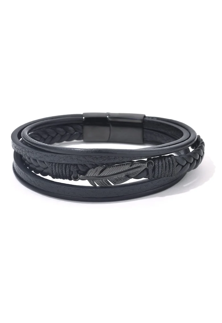 Bratara barbati din piele naturala negru Frunza, 22 cm
