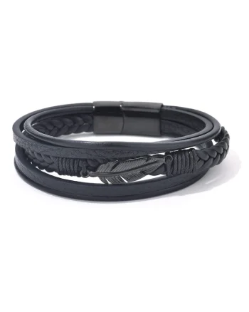 Bratara barbati din piele naturala negru Frunza, 22 cm