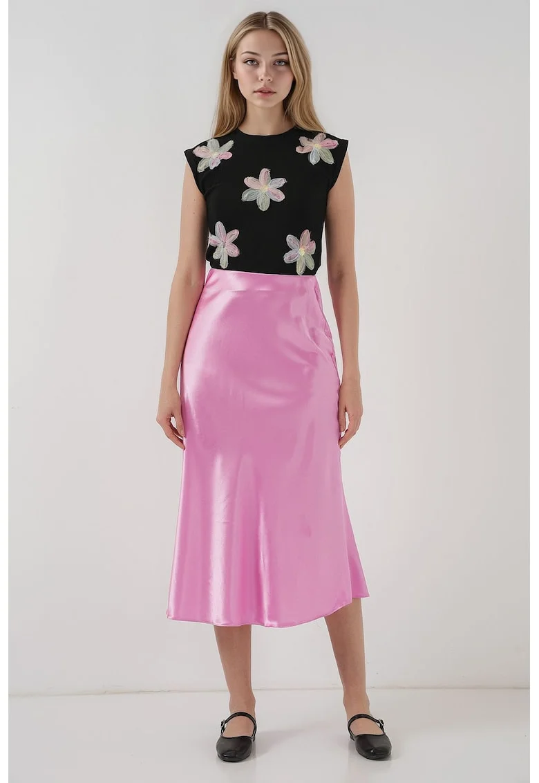 Fusta midi BigDart, croiala in forma de A, roz orhidee, elastica, Garoafa roz, Roz