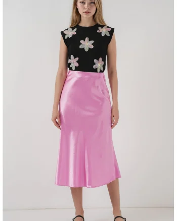 Fusta midi BigDart, croiala in forma de A, roz orhidee, elastica, Garoafa roz, Roz