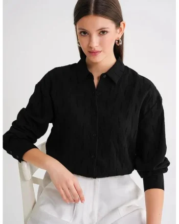 Camasa dama  din poplin texturat, Negru