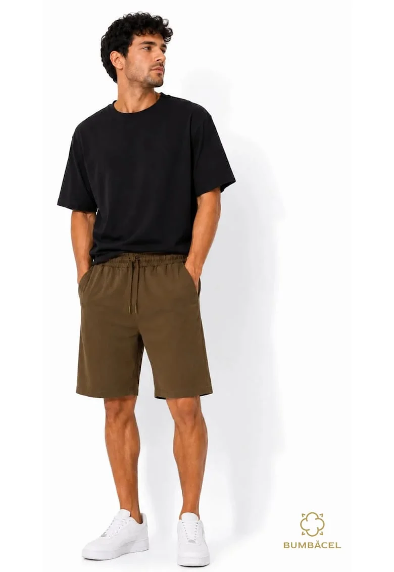 Pantaloni scurti barbati din bumbac pentru vara, cu buzunare si snur in talie, Maro