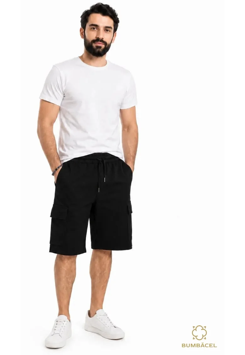 Pantaloni scurti casual, din bumbac, pentru barbati, cu snur in talie si buzunare, Negru