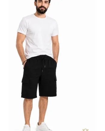 Pantaloni scurti casual, din bumbac, pentru barbati, cu snur in talie si buzunare, Negru